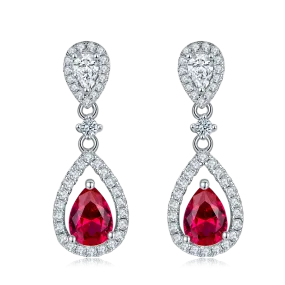 0.8 Carat Pear Shaped Lab Created Ruby Halo Drop Earrings in S925 Silver Plated Platinum