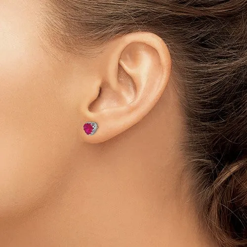10k White Gold Tiara Collection 6mm Heart Created Ruby Crown Earrings