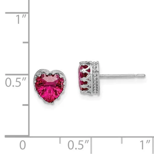 10k White Gold Tiara Collection 6mm Heart Created Ruby Crown Earrings