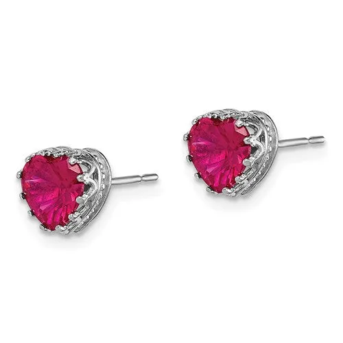 10k White Gold Tiara Collection 6mm Heart Created Ruby Crown Earrings