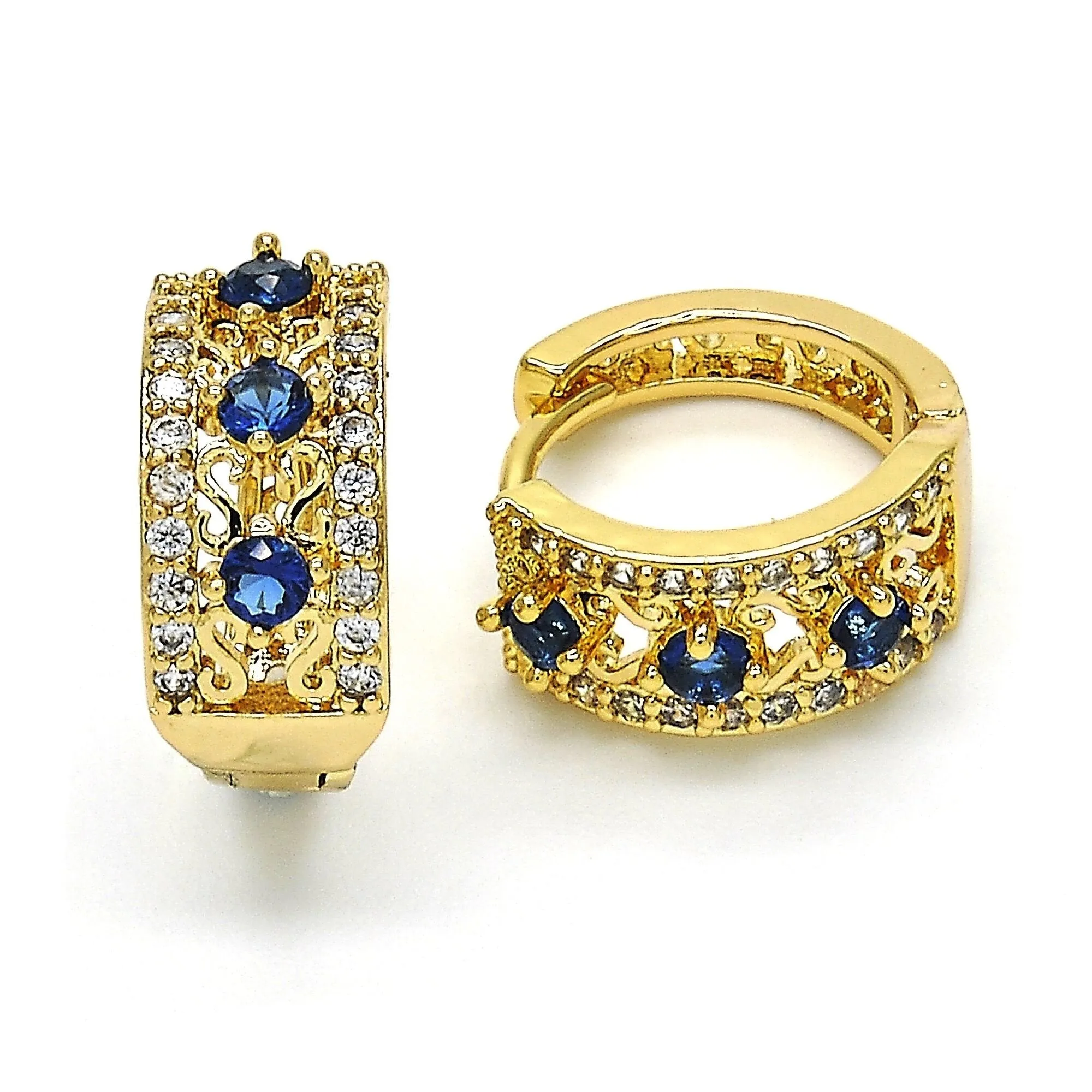 14k GOLD Filled High Polish Finsh LAB CREATED Sapphire HOOP EARRING EARRINGS