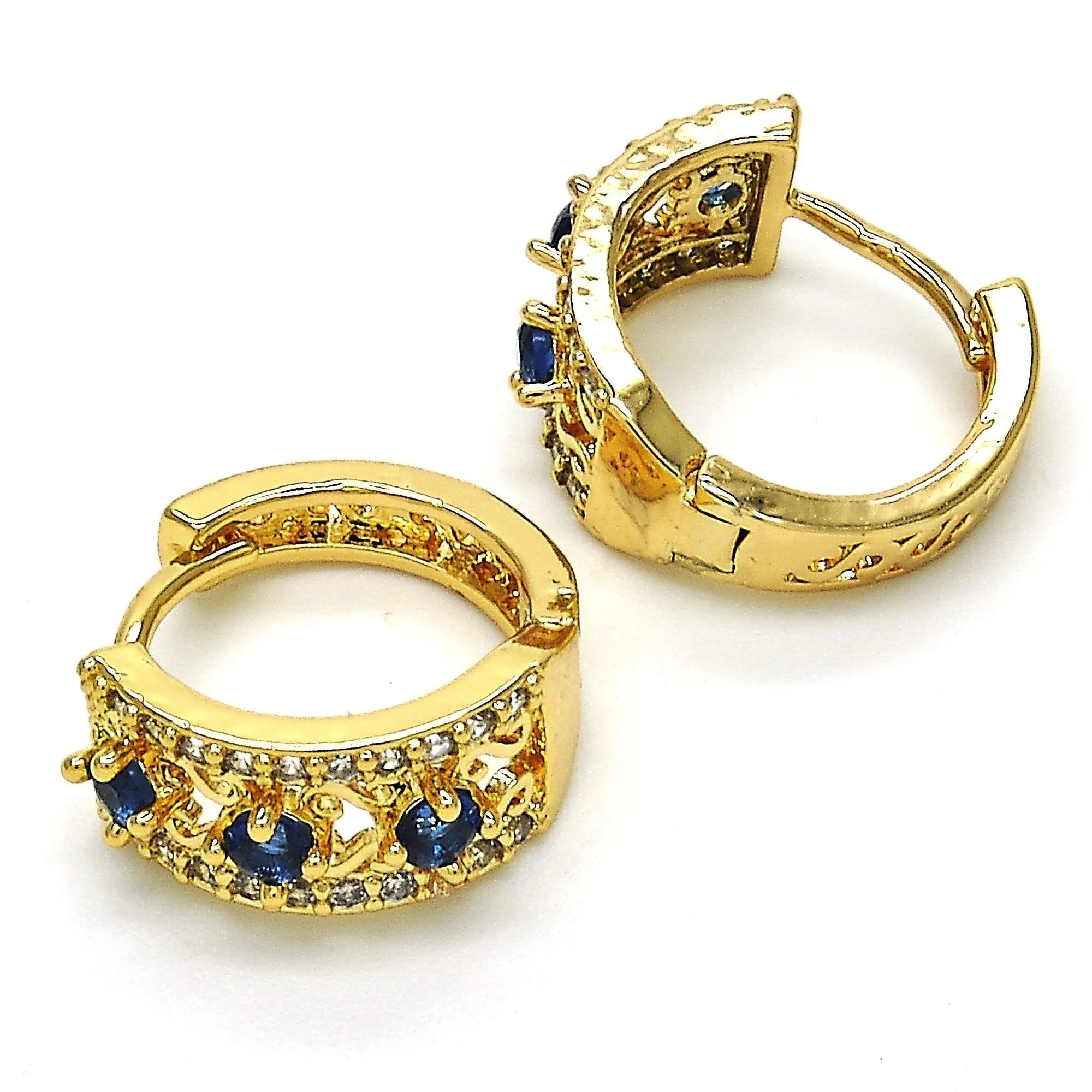 14k GOLD Filled High Polish Finsh LAB CREATED Sapphire HOOP EARRING EARRINGS