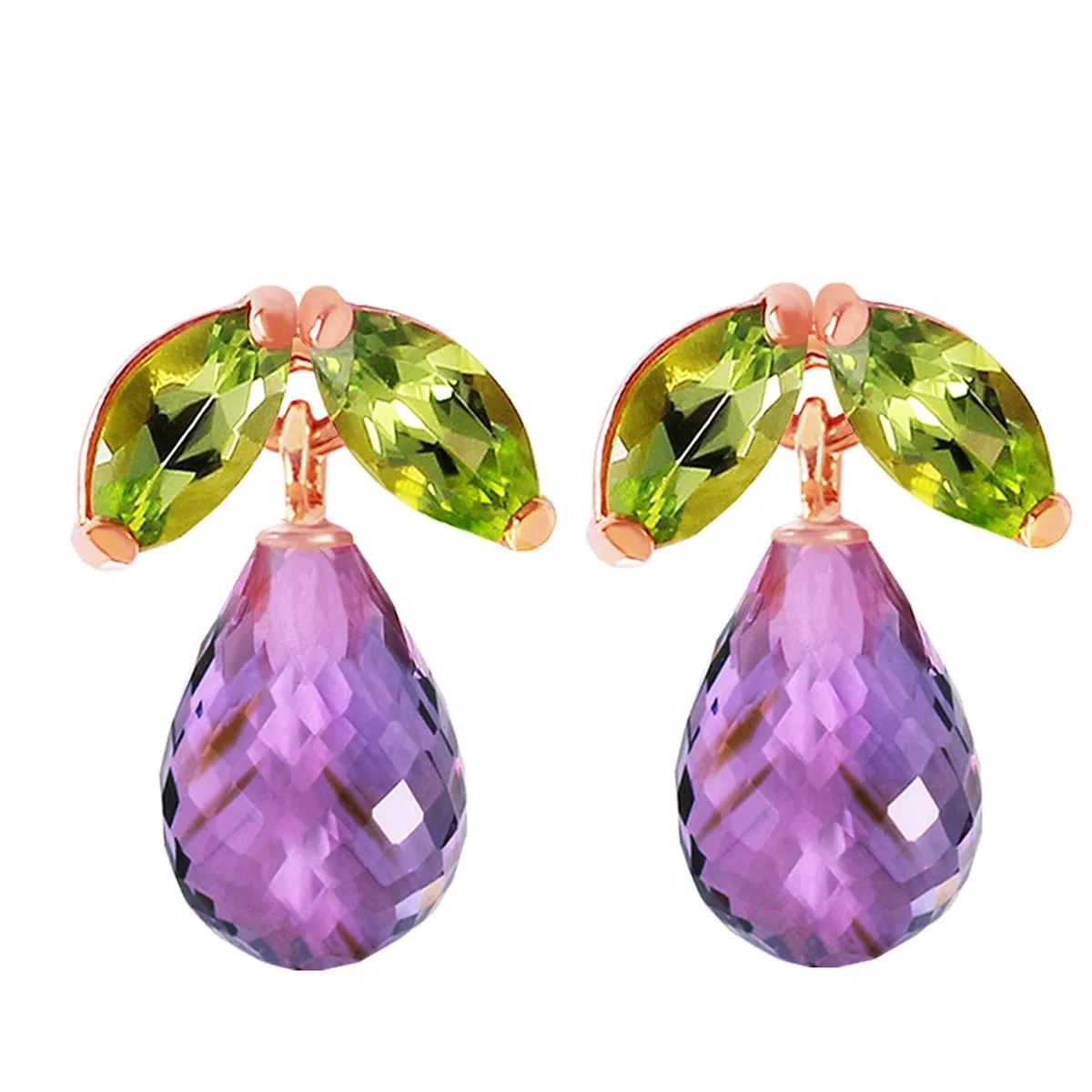 14K Solid Rose Gold Stud Earrings w/ Peridots & Amethysts