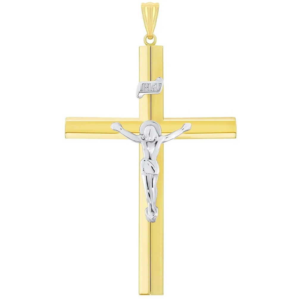 14k Two-Tone Gold 5.5mm Thick INRI Tubular Crucifix Cross Pendant with Figaro Chain Necklace