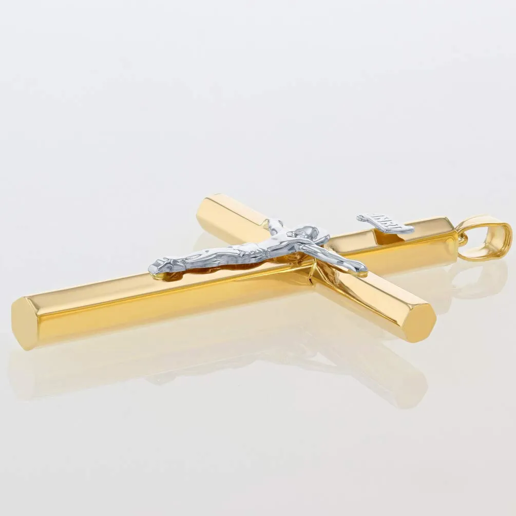 14k Two-Tone Gold 5.5mm Thick INRI Tubular Crucifix Cross Pendant with Figaro Chain Necklace