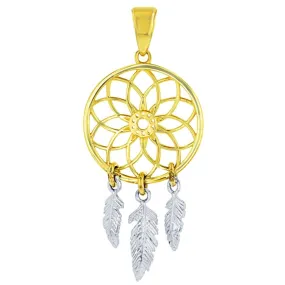 14k Two-Tone Gold Native American Dreamcatcher Charm Pendant