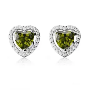 14k White Gold Plated 4 Ct Created Halo Heart Peridot Stud Earrings