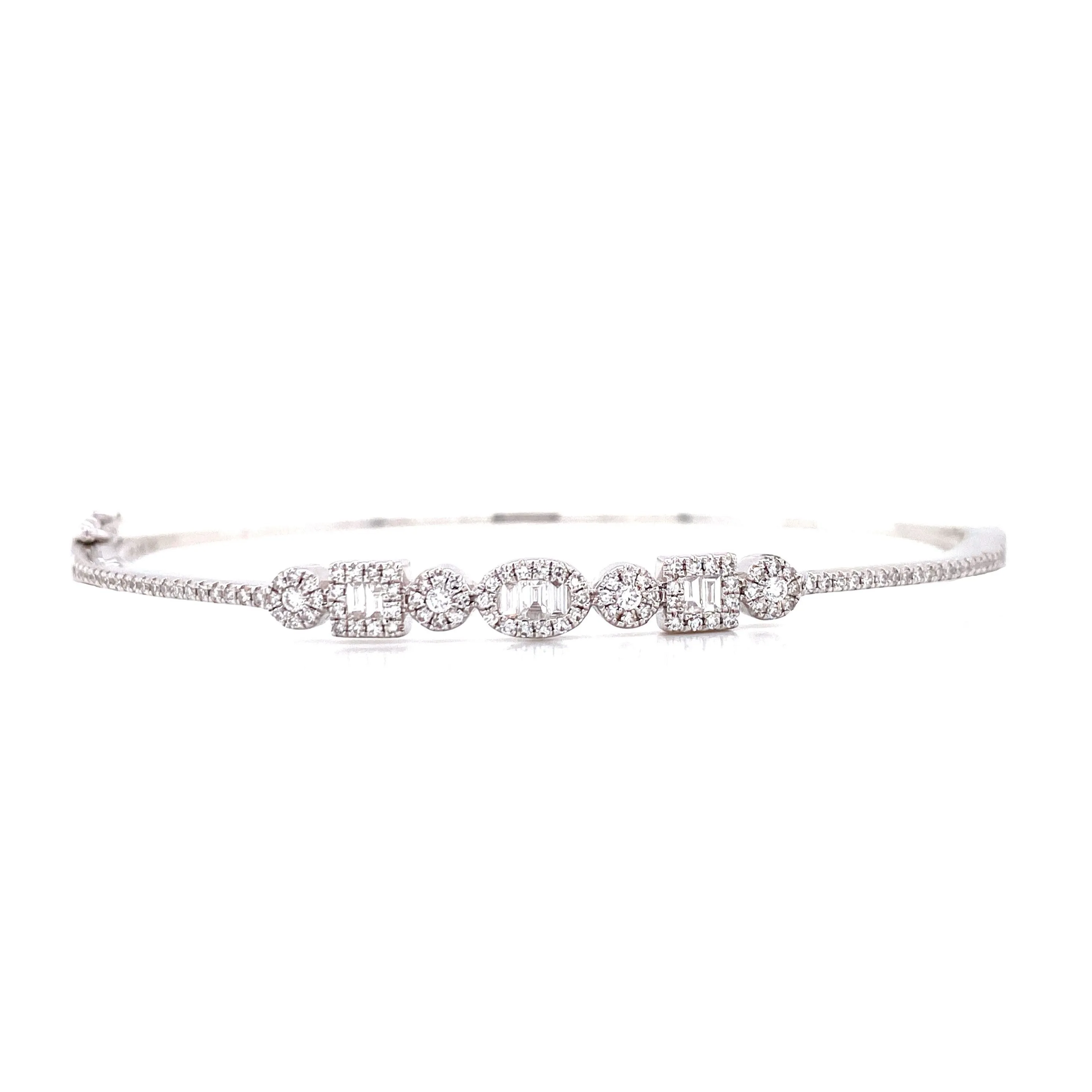 14K White Gold Round   Baguette Diamond Multi Shape Bangle