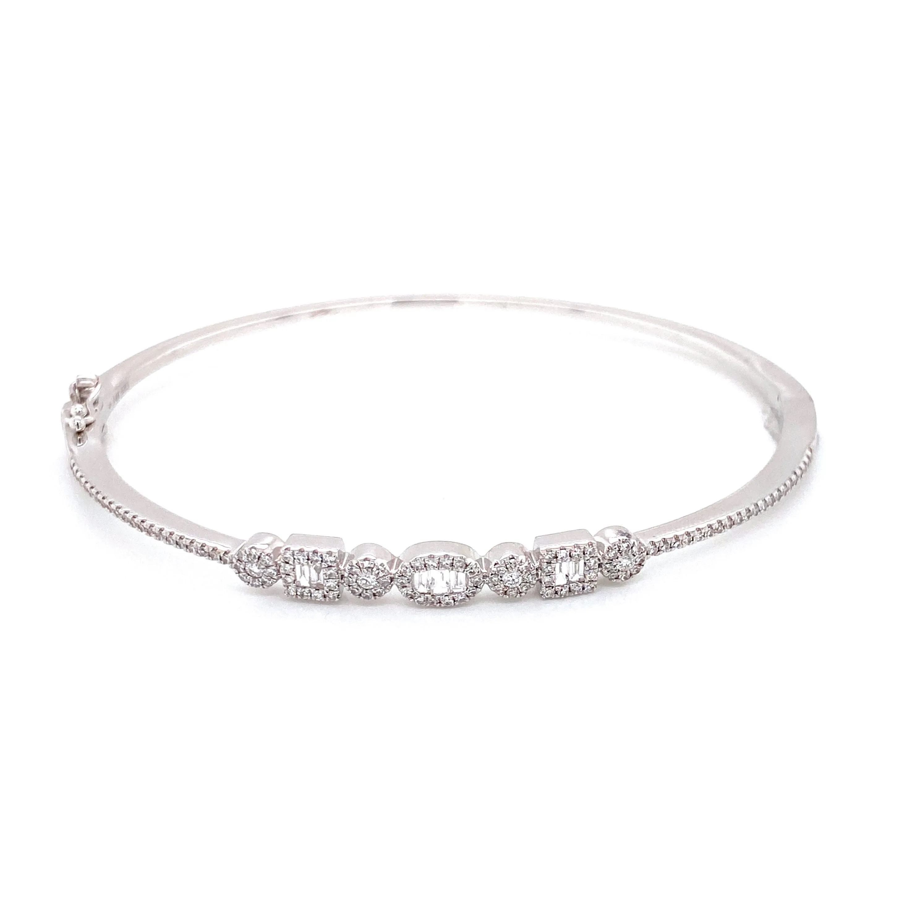 14K White Gold Round   Baguette Diamond Multi Shape Bangle