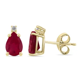 14K Yellow Gold 6X4Mm Pear Ruby And Diamond Earrings
