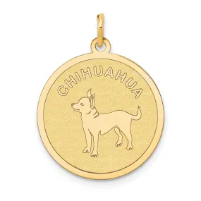 14k Yellow Gold Polished Finish Flat Back Chihuahua Dog Engravable Disc Round Shape Charm Pendant