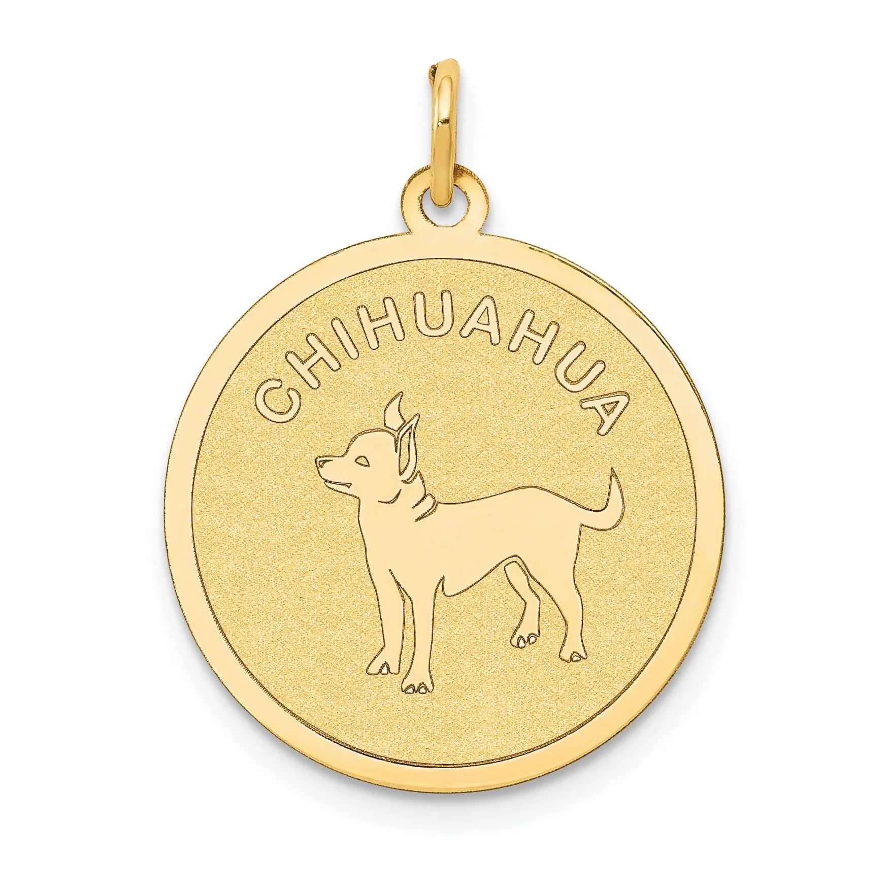 14k Yellow Gold Polished Finish Flat Back Chihuahua Dog Engravable Disc Round Shape Charm Pendant