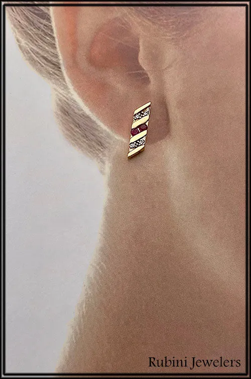 14Kt Gold Bar with Rubies and Diamonds Post Earrings