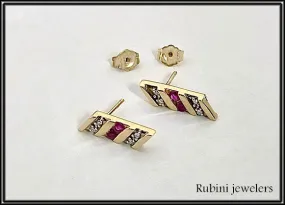 14Kt Gold Bar with Rubies and Diamonds Post Earrings