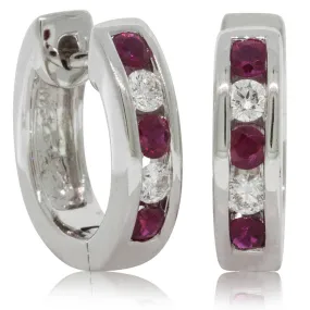 18ct White Gold Ruby & Diamond Huggie Earrings