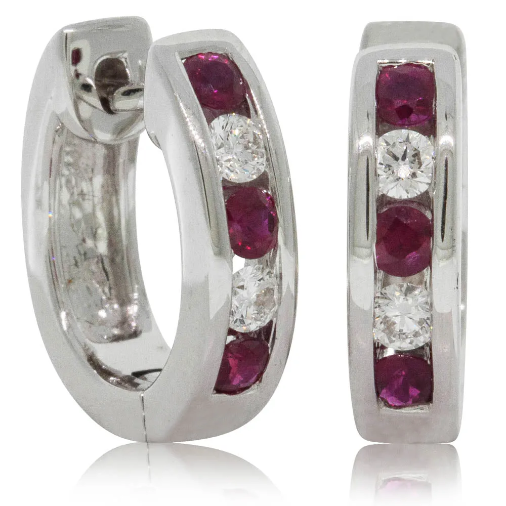 18ct White Gold Ruby & Diamond Huggie Earrings