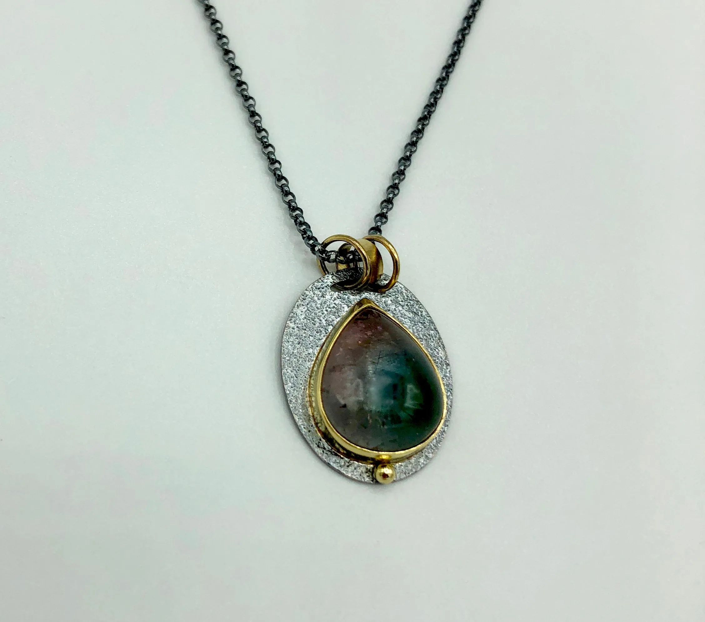 18k gold Brazilian Bicolor Blue and Pink Tourmaline Cabochon Necklace
