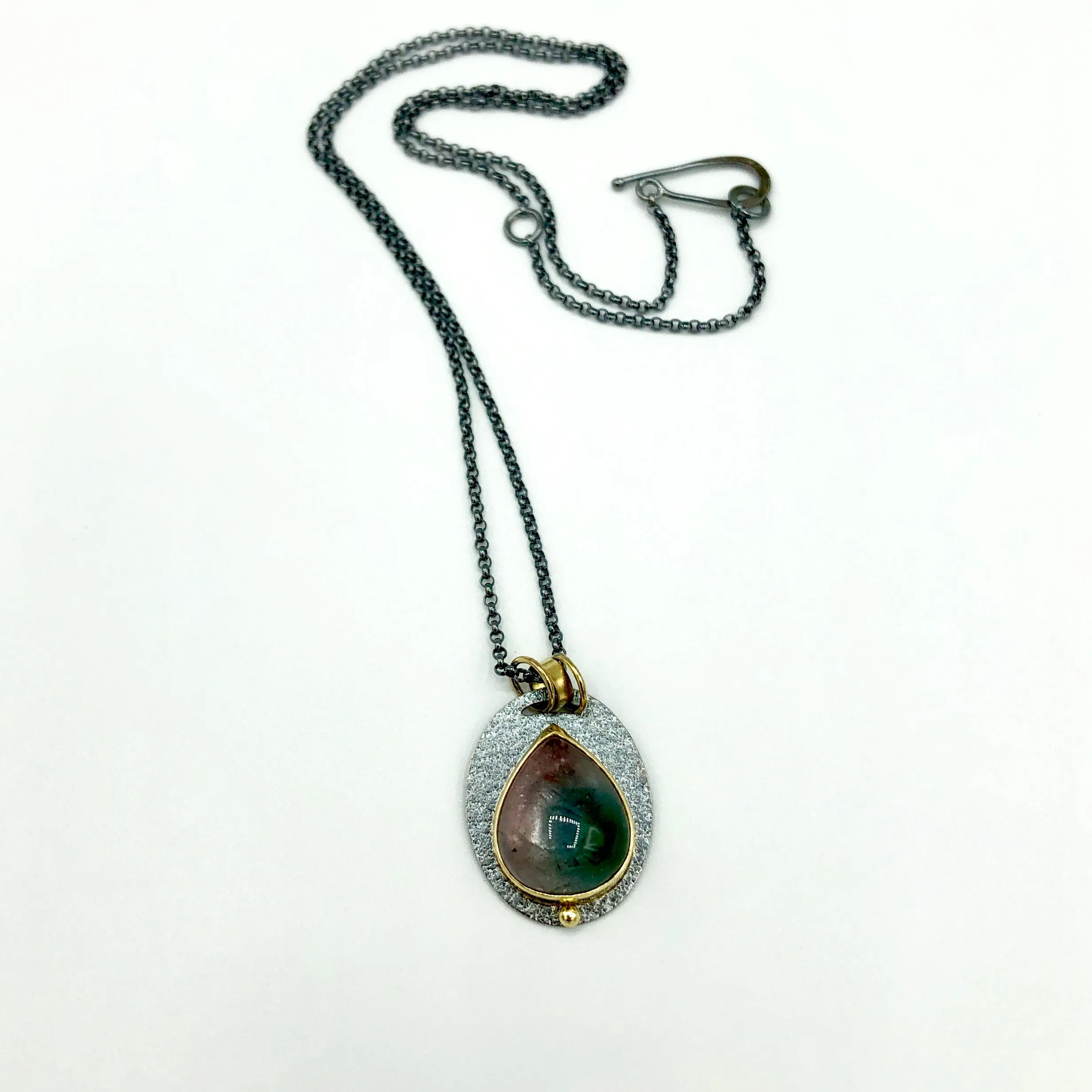 18k gold Brazilian Bicolor Blue and Pink Tourmaline Cabochon Necklace