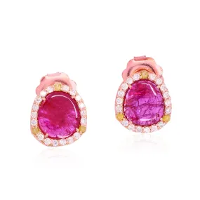 18K Rose Gold Slice Ruby July Birthstone Pave Diamond Classic Stud For Her