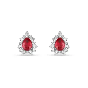 18K White Gold Pear Shaped Ruby Stud Earrings with Diamond Halo
