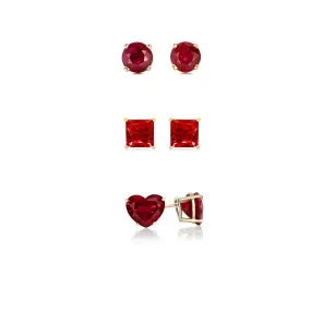 18k Yellow Gold Plated 1/4Ct 4mm Created Ruby 3 Pair Round, Square and Heart Stud Earrings