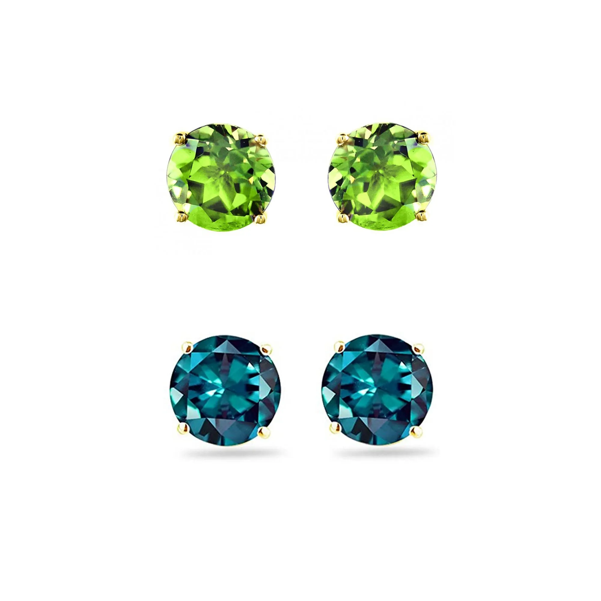 18k Yellow Gold Plated 3Ct Created Peridot and Alexandrite 2 Pair Round Stud Earrings
