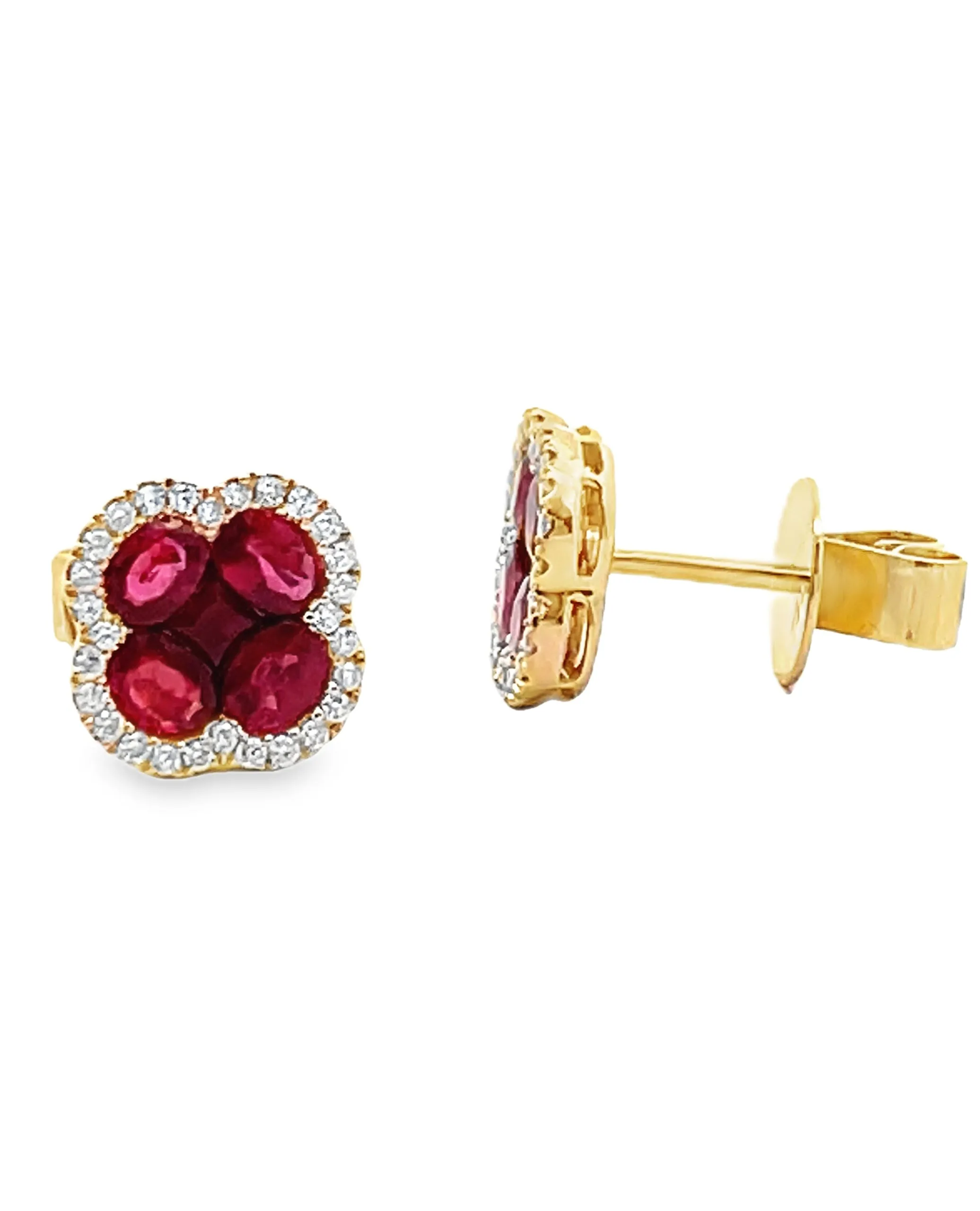 18K Yellow Gold Ruby and Diamond Quatrefoil Earrings