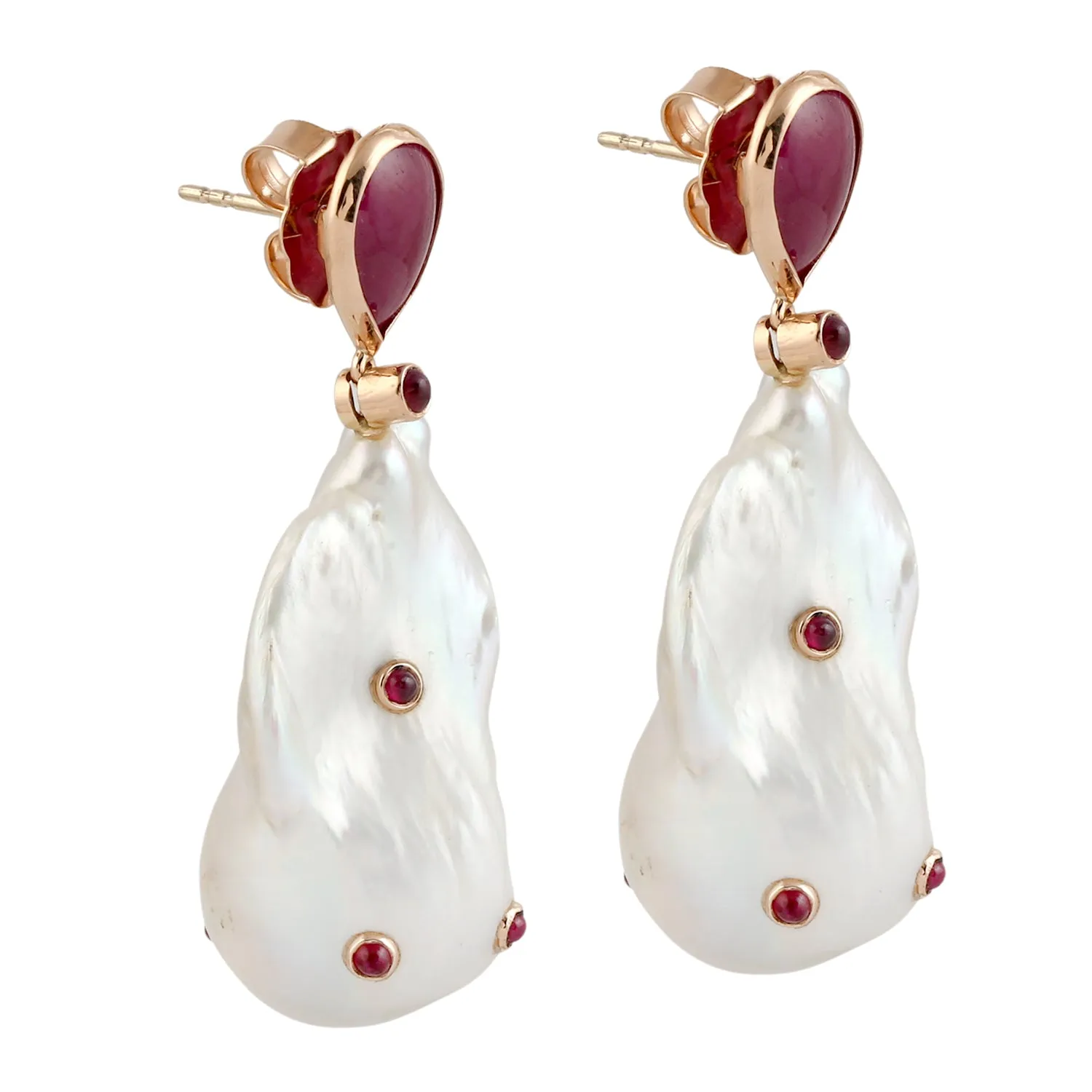 18KT Rose Gold Baroque Pearl Natural Ruby Drop Dangle Earrings Gift