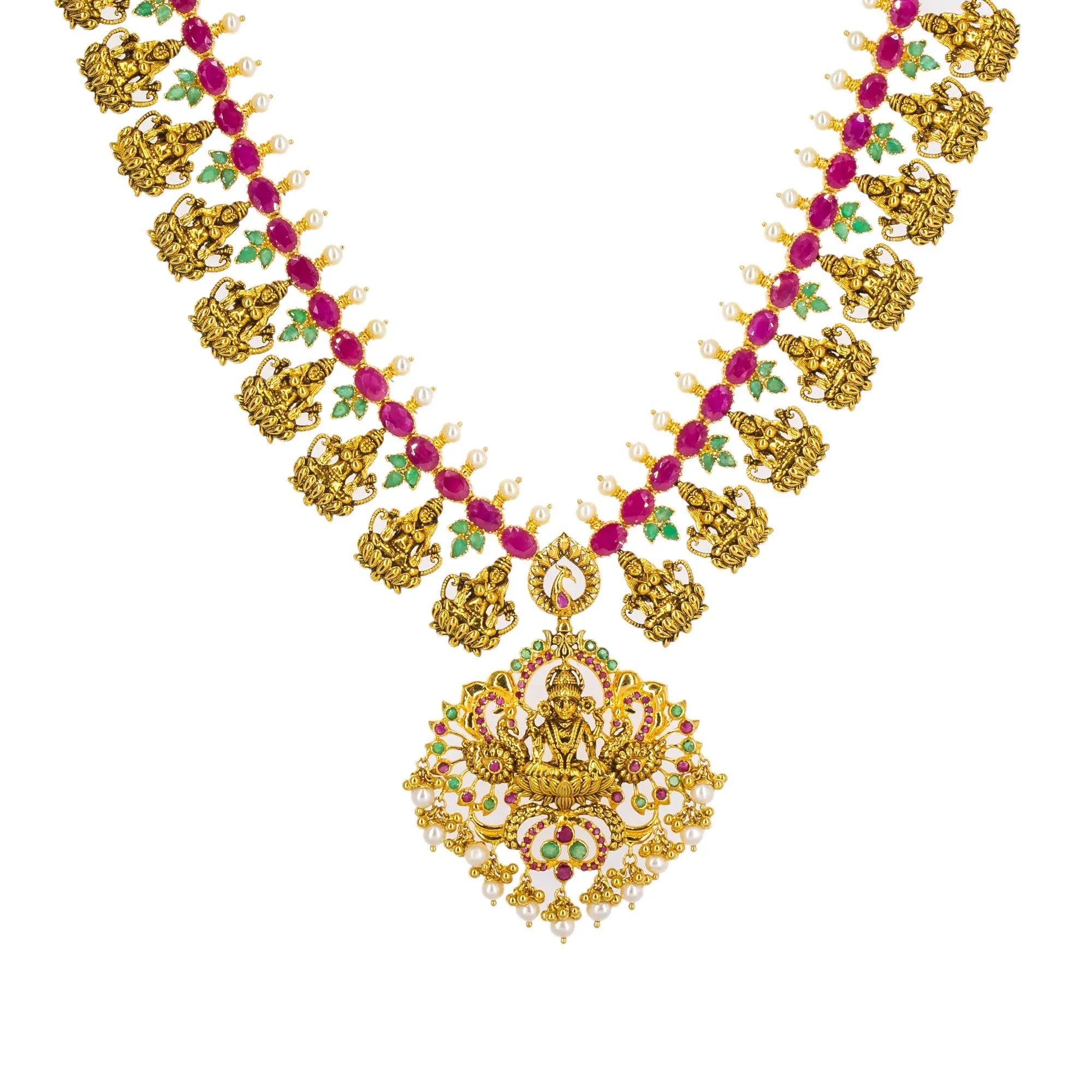 22K Yellow Antique Gold Long Laxmi Necklace & Earrings Set W/ Rubies, Emeralds & Pearls