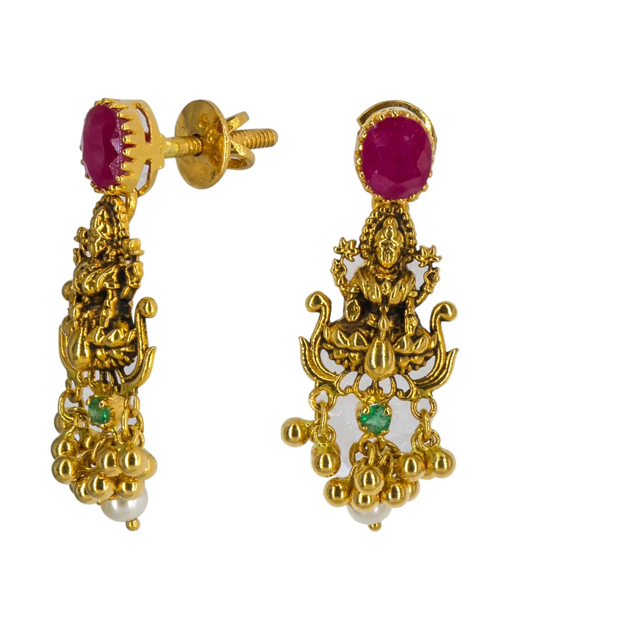 22K Yellow Antique Gold Long Laxmi Necklace & Earrings Set W/ Rubies, Emeralds & Pearls