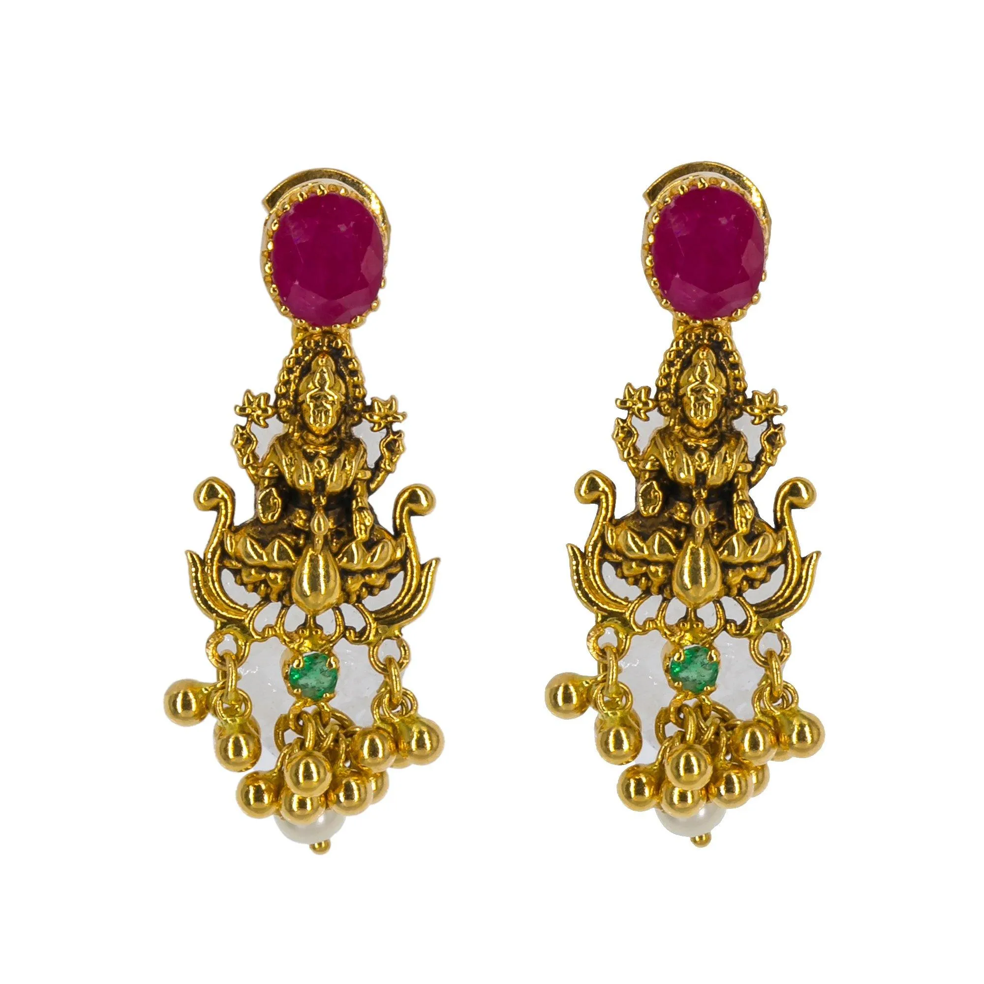 22K Yellow Antique Gold Long Laxmi Necklace & Earrings Set W/ Rubies, Emeralds & Pearls