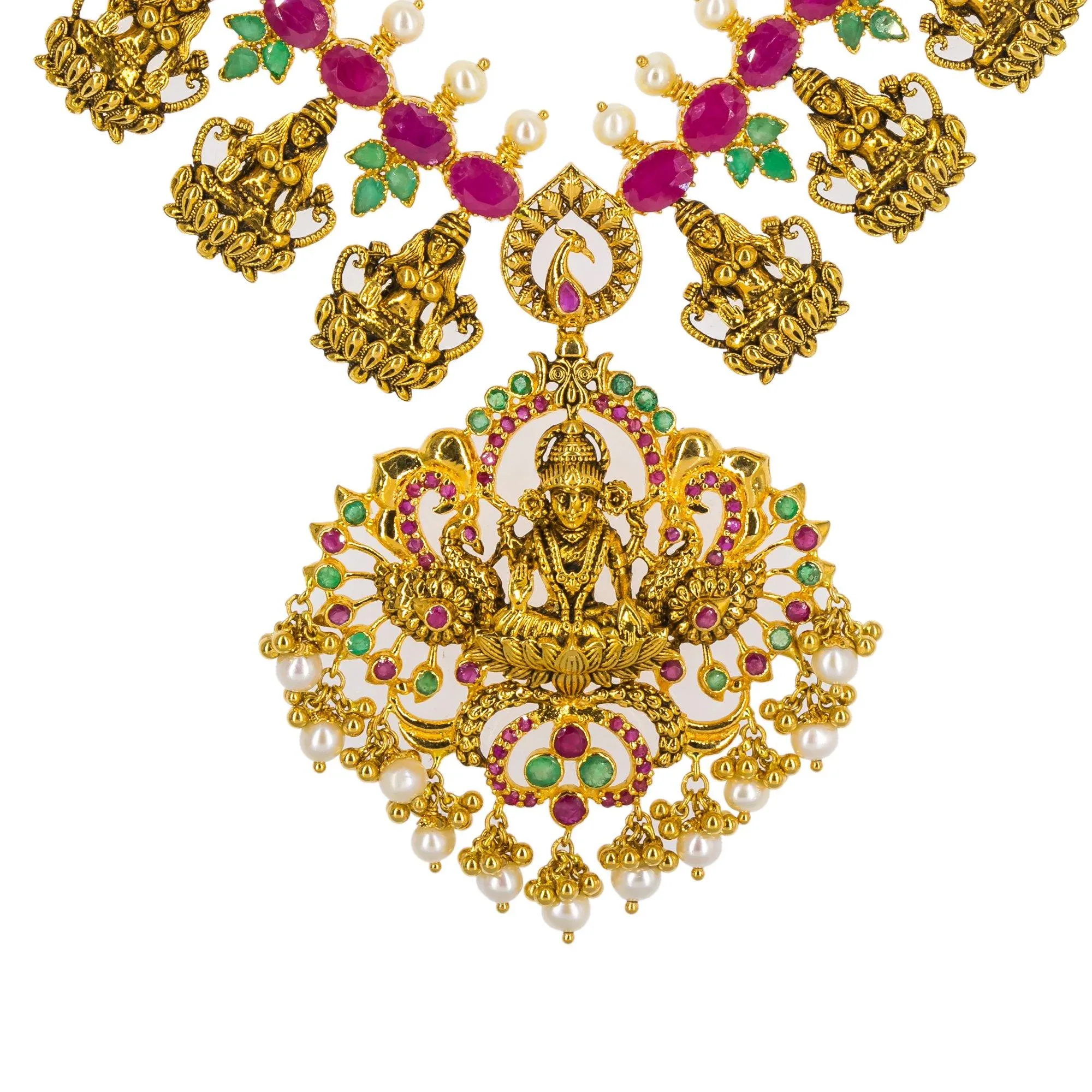 22K Yellow Antique Gold Long Laxmi Necklace & Earrings Set W/ Rubies, Emeralds & Pearls