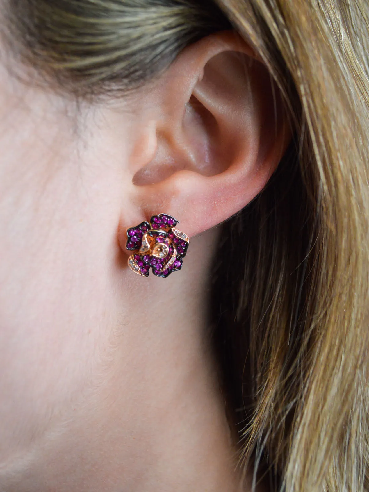 2.31ct Diamond Ruby 14K Gold Flower Stud Earrings