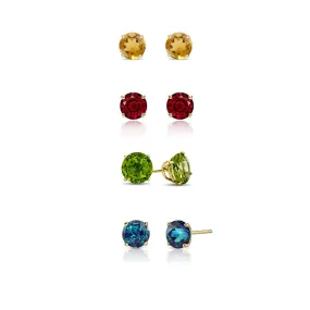 24k Yellow Gold Plated 1/2Ct Created Citrine, Garnet, Peridot and Alexandrite 4 Pair Round Stud Earrings