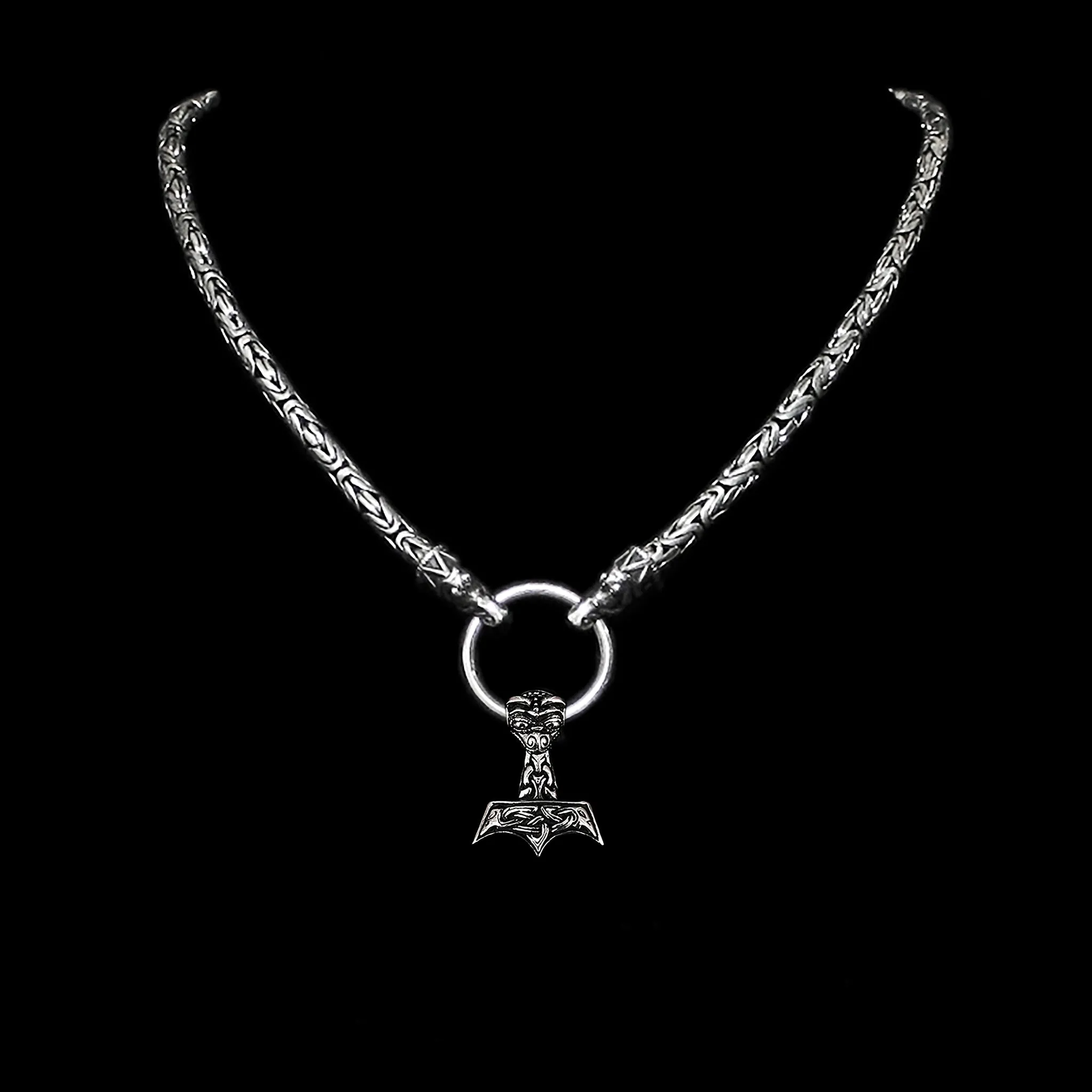 5mm Thick Silver King Chain Thors Hammer Necklace - Gotland Dragon Heads