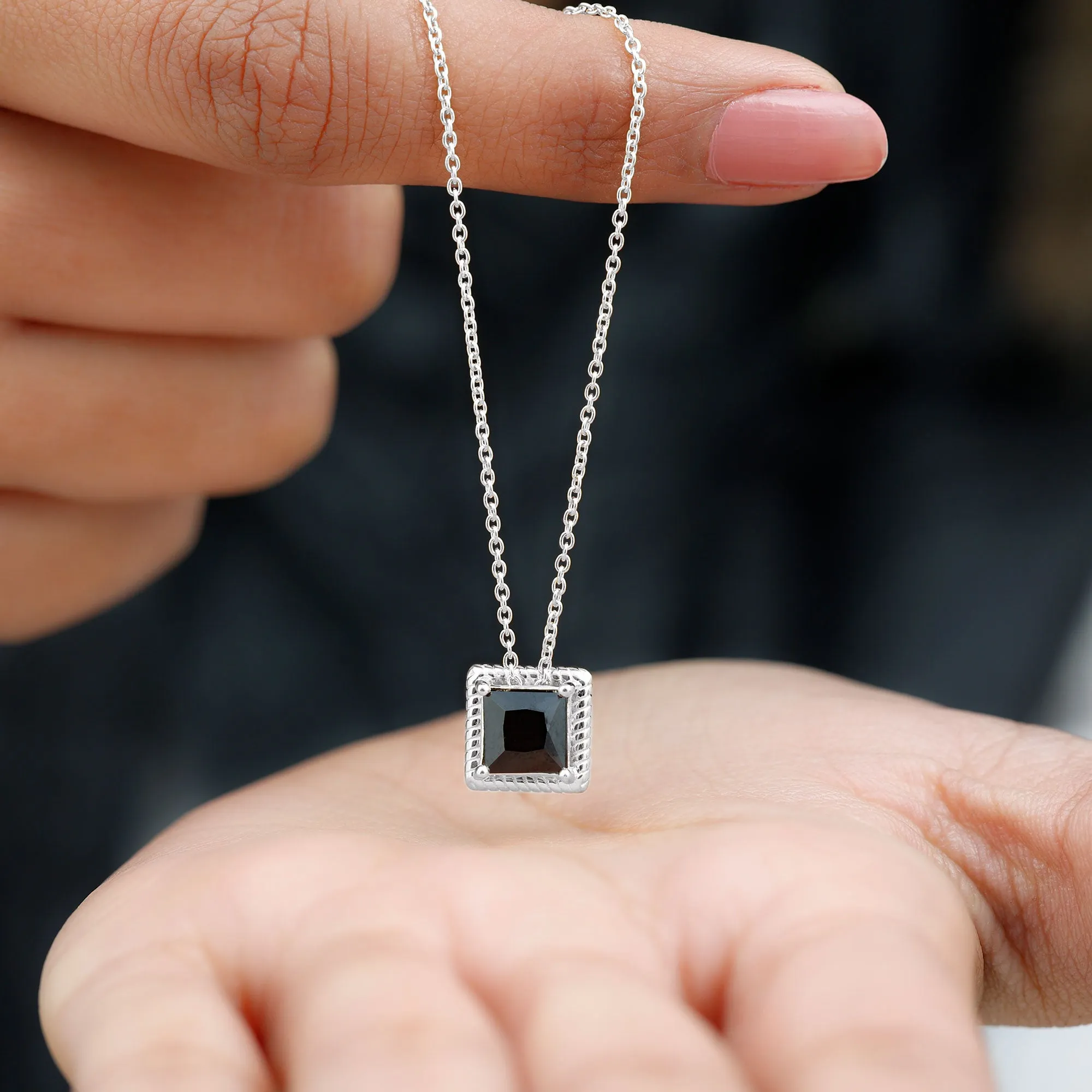 7 MM Princess Cut Black Spinel Solitaire Pendant with Rope Frame Details