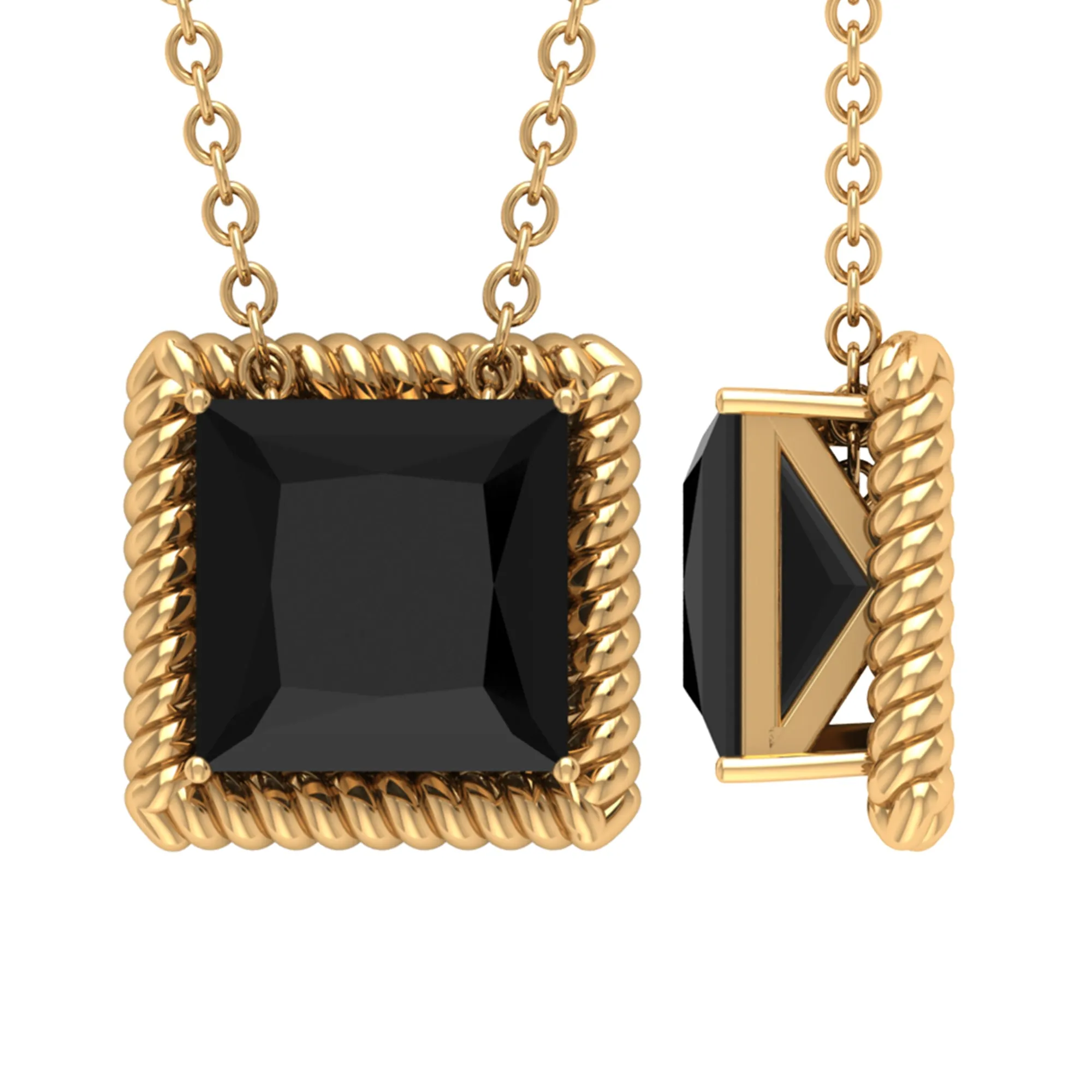 7 MM Princess Cut Black Spinel Solitaire Pendant with Rope Frame Details