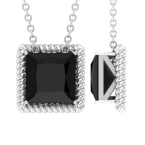 7 MM Princess Cut Black Spinel Solitaire Pendant with Rope Frame Details