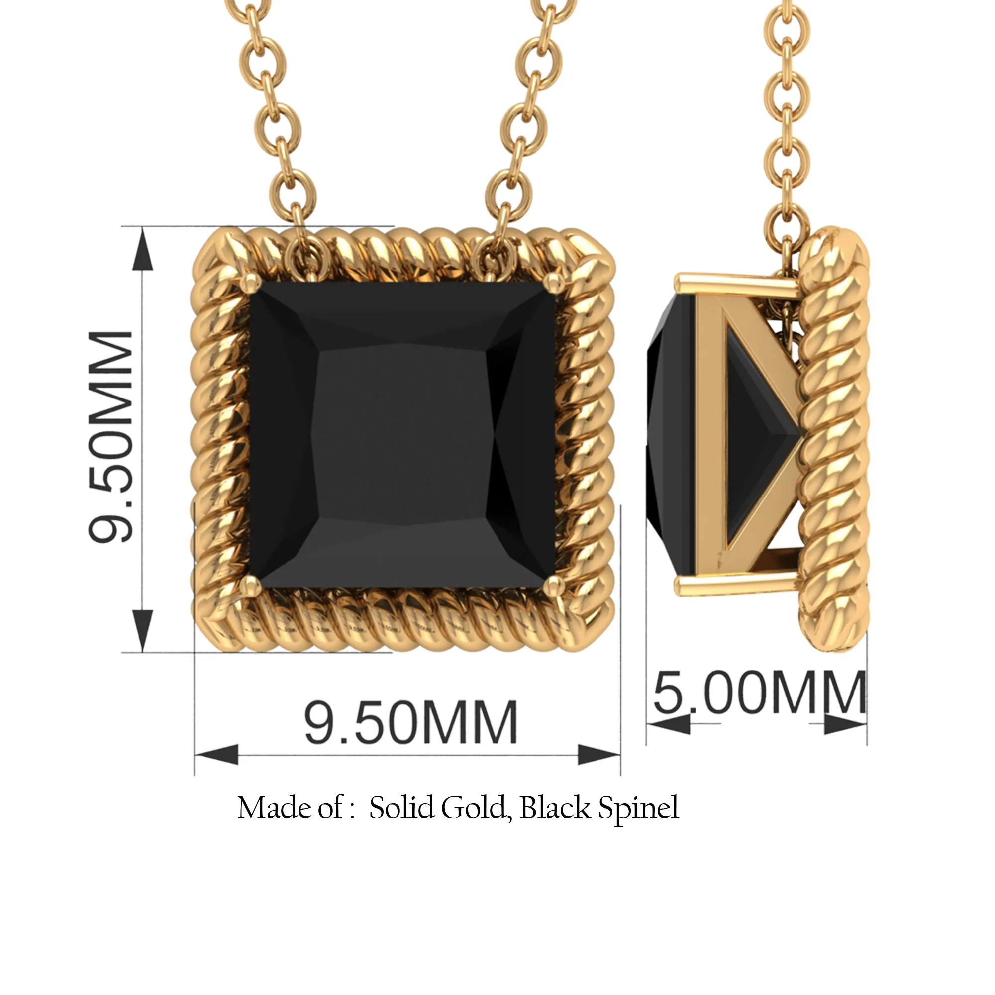 7 MM Princess Cut Black Spinel Solitaire Pendant with Rope Frame Details