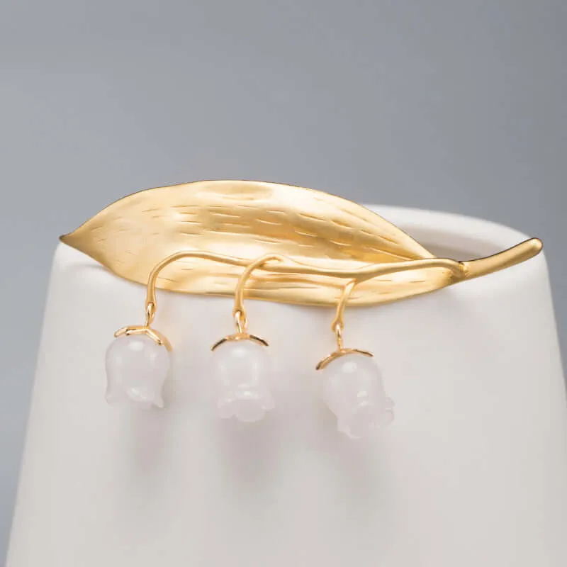 925 Silver White Jade Bellflower Leaf Brooch