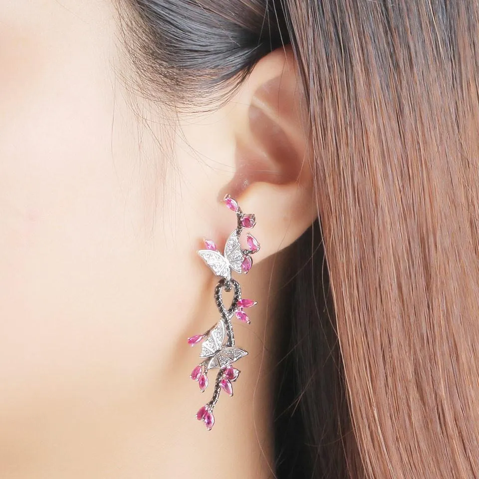925 Sterling Silver Butterfly Natural Gemstone Black Spinel Ruby Drop Earrings