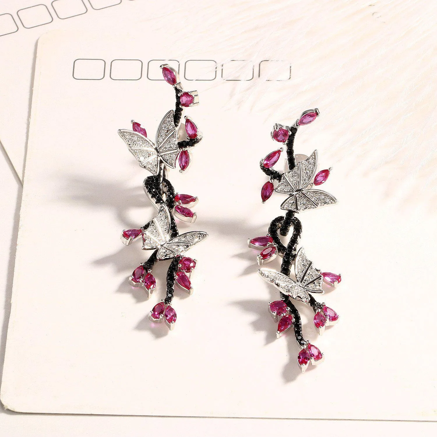 925 Sterling Silver Butterfly Natural Gemstone Black Spinel Ruby Drop Earrings