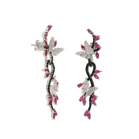 925 Sterling Silver Butterfly Natural Gemstone Black Spinel Ruby Drop Earrings