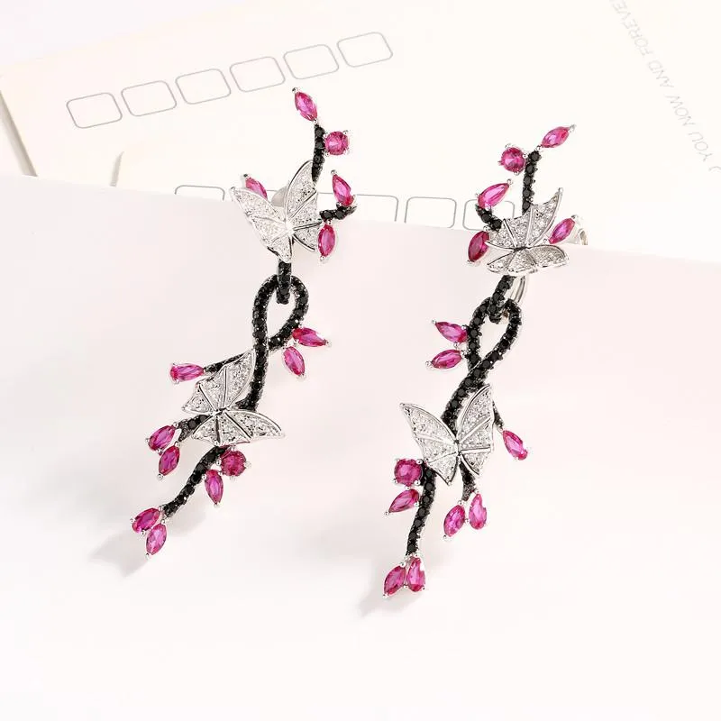 925 Sterling Silver Butterfly Natural Gemstone Black Spinel Ruby Drop Earrings