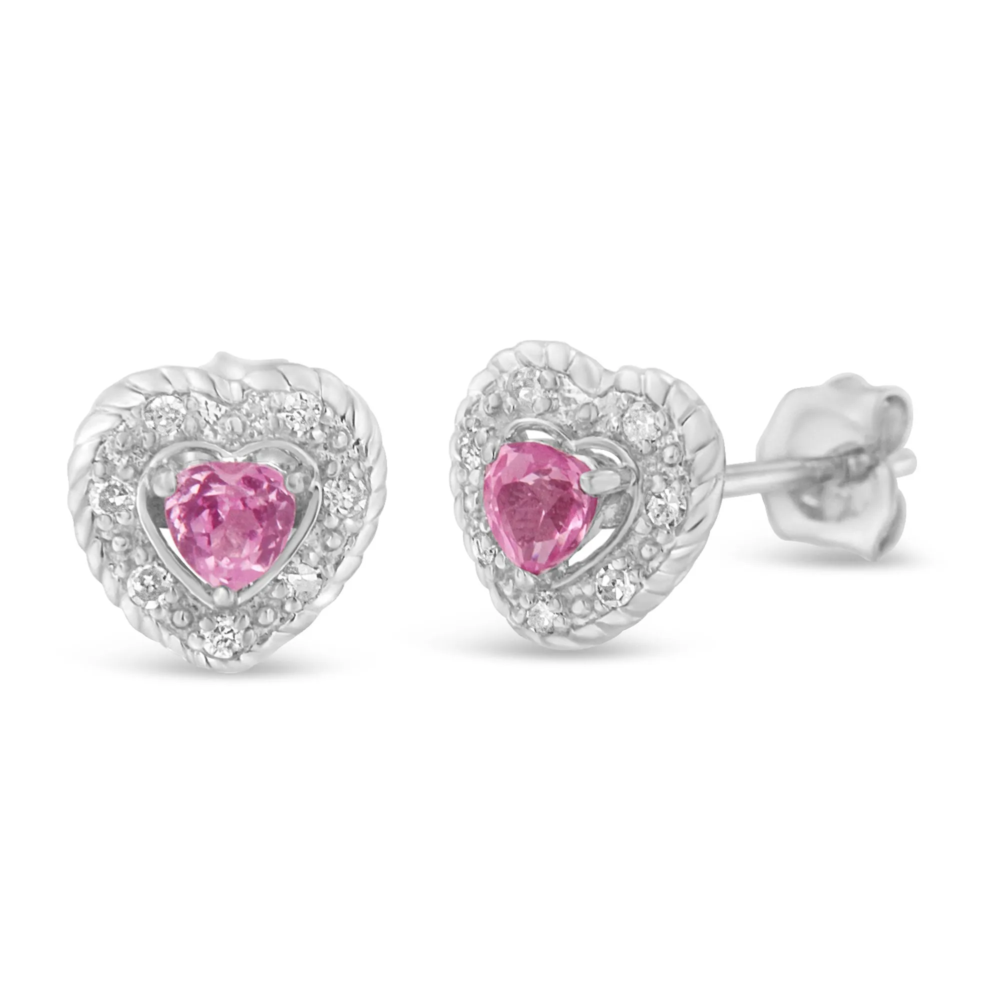 .925 Sterling Silver, Created Pink Sapphire, & Diamond-Accented 5/8" Heart-Shaped Rope Stud Earrings