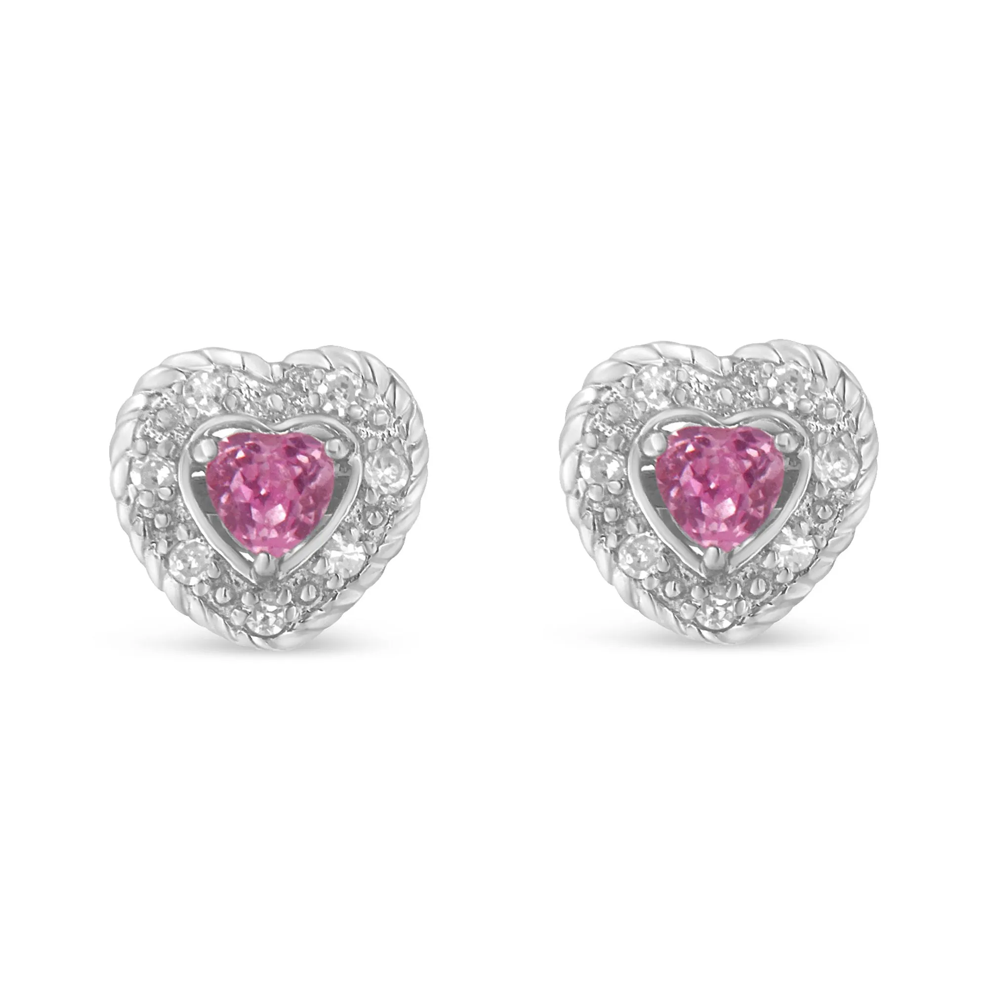 .925 Sterling Silver, Created Pink Sapphire, & Diamond-Accented 5/8" Heart-Shaped Rope Stud Earrings