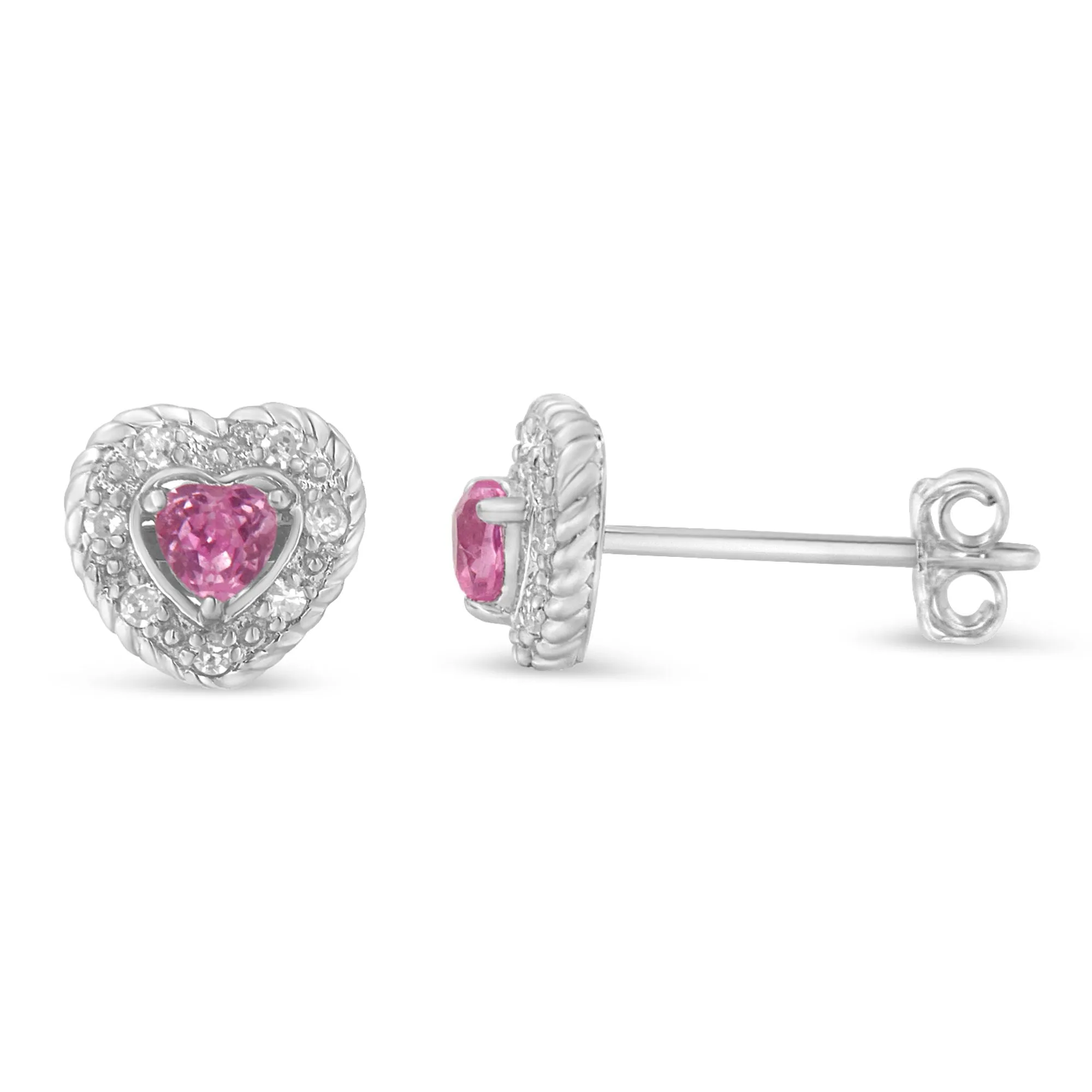 .925 Sterling Silver, Created Pink Sapphire, & Diamond-Accented 5/8" Heart-Shaped Rope Stud Earrings