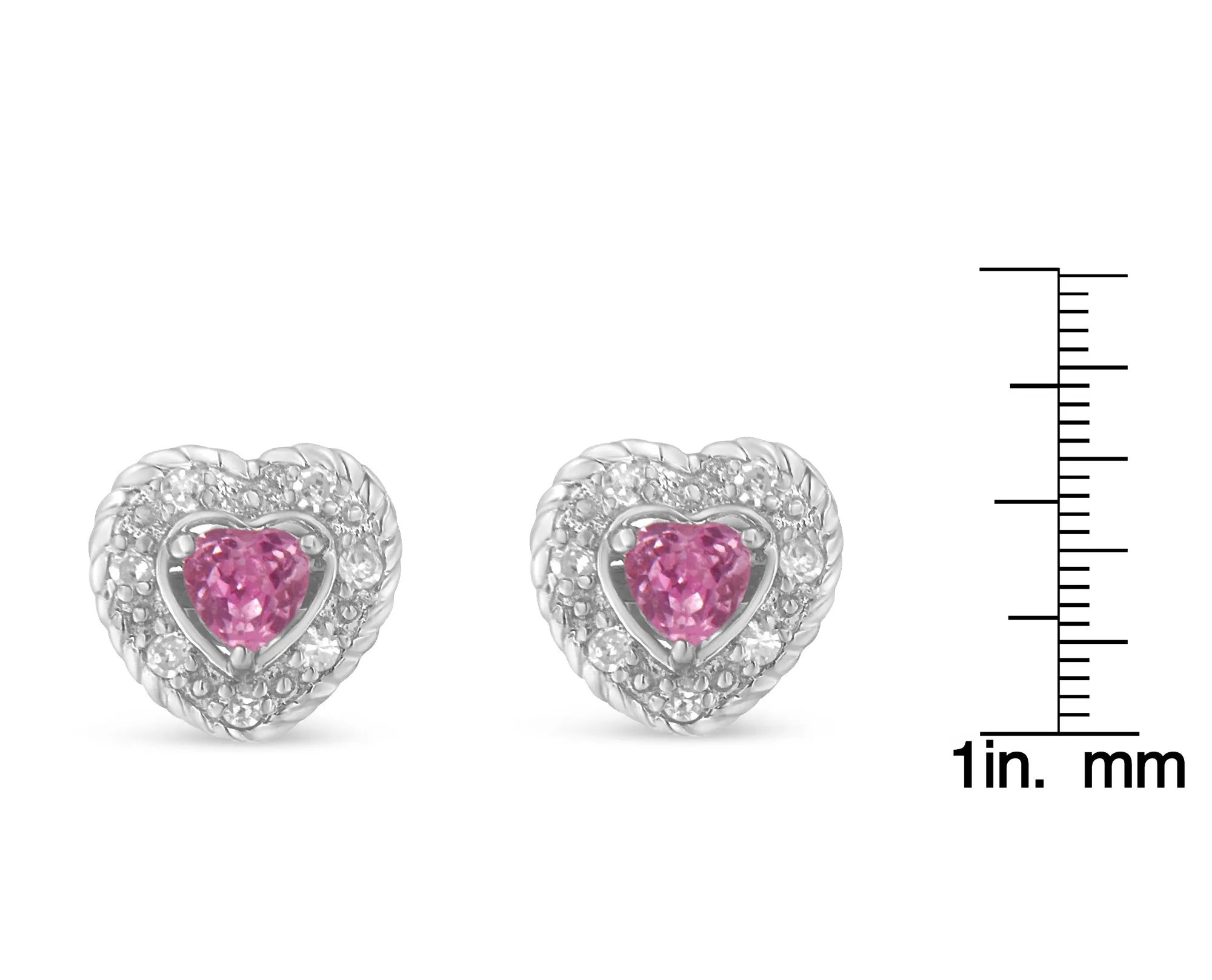 .925 Sterling Silver, Created Pink Sapphire, & Diamond-Accented 5/8" Heart-Shaped Rope Stud Earrings