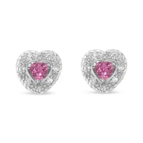 .925 Sterling Silver, Created Pink Sapphire, & Diamond-Accented 5/8" Heart-Shaped Rope Stud Earrings