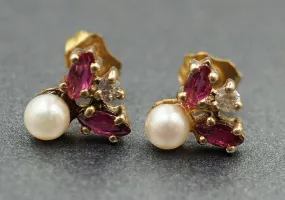 9ct Yellow Gold Ruby, Diamond & Pearl Stud Earrings